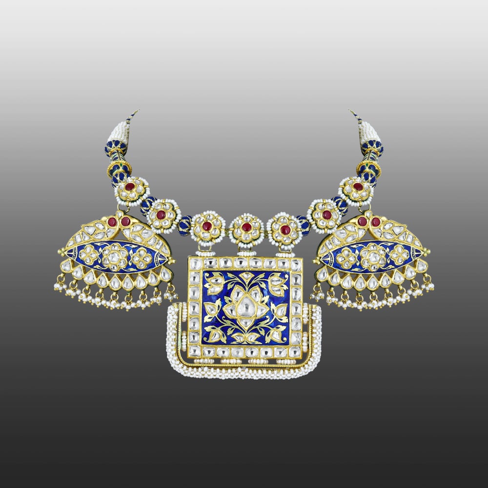 Blue Enamel Pankhi Polki Pendant Necklace